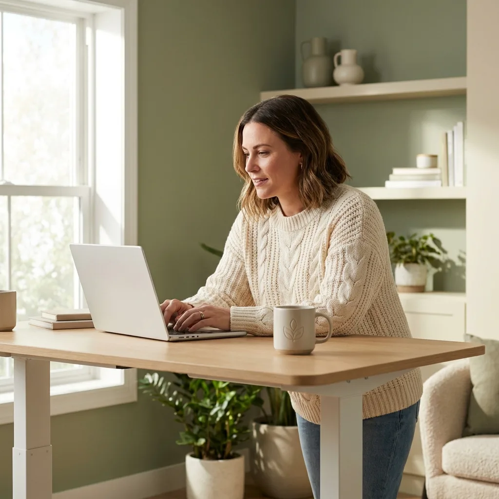 Focused woman working at a standing desk
