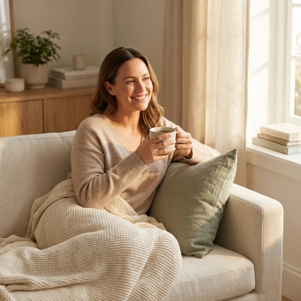 Woman wrapped in a soft blanket with warm tea
