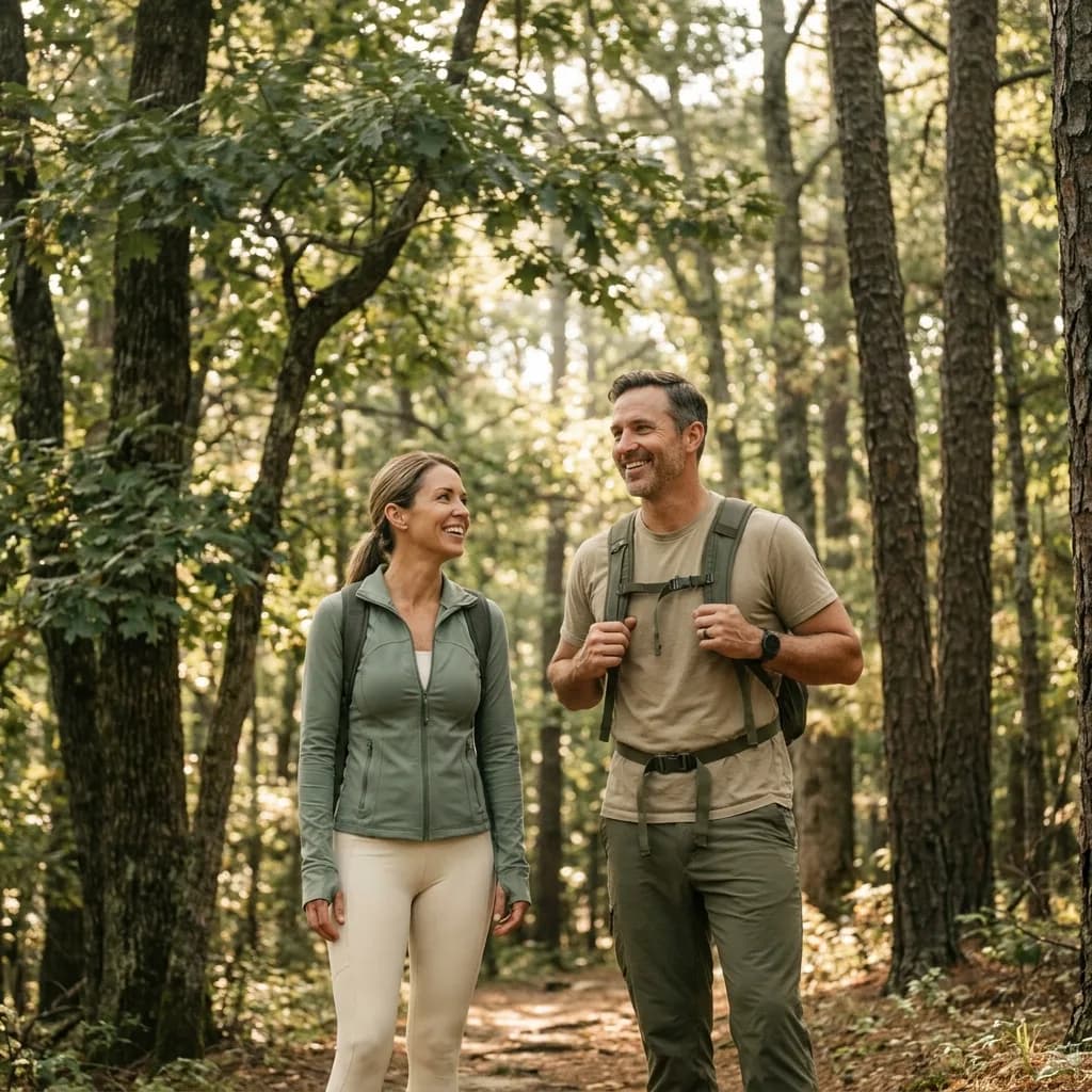 Active couple on a forested trail