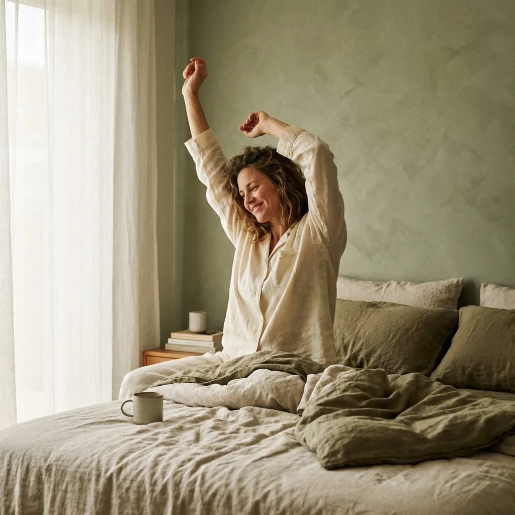 Woman waking refreshed in morning light