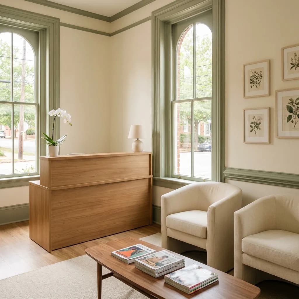 Warm minimalist Harmony Health clinic interior